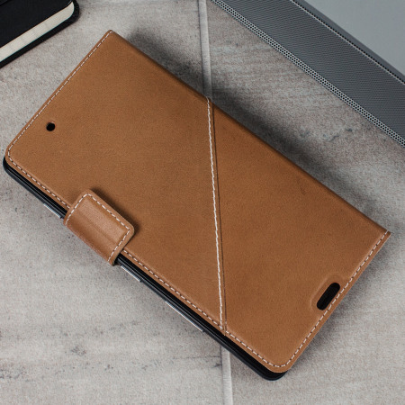 Mozo Microsoft Lumia 950 Genuine Leather Wallet Flip Cover - Cognac