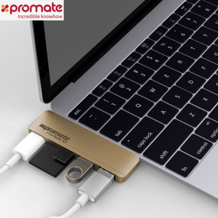 Promate USB-C Adapter USB, Micro SD & SD Card Hub - Gold