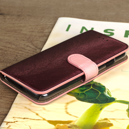 Housse iPhone 7 Hansmare Portefeuille en cuir – Vin rosé