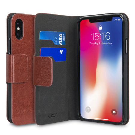 Housse iPhone X Olixar Portefeuille Style Cuir – Marron