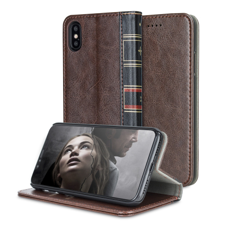 olixar xtome leather-style iphone x book case - brown