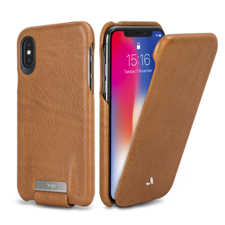 Vaja Top Flip iPhone X Premium Leather Flip Case - Tan