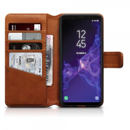 Samsung Galaxy S9 Genuine Leather Wallet Case - Olixar Cognac