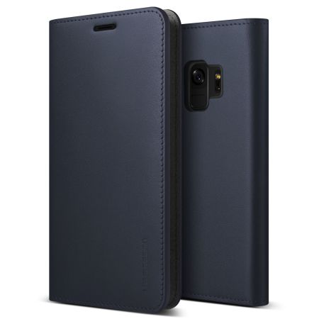 VRS Design Genuine Leather Diary Samsung Galaxy S9 Wallet Case - Navy