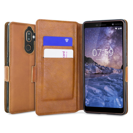 Nokia 7 Plus Genuine Leather Low Profile Wallet Case - Olixar Cognac
