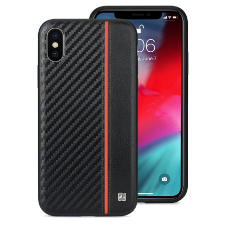 Coque iPhone XS Max Meleovo Carbon Premium en cuir – Noir / rouge