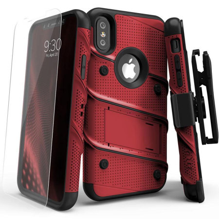 zizo bolt iphone xs tough case & screen protector - red / black