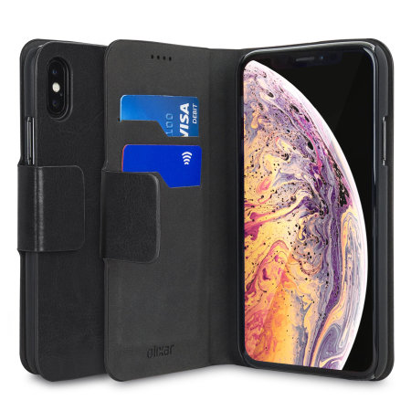 olixar leather-style iphone xs wallet stand case - black