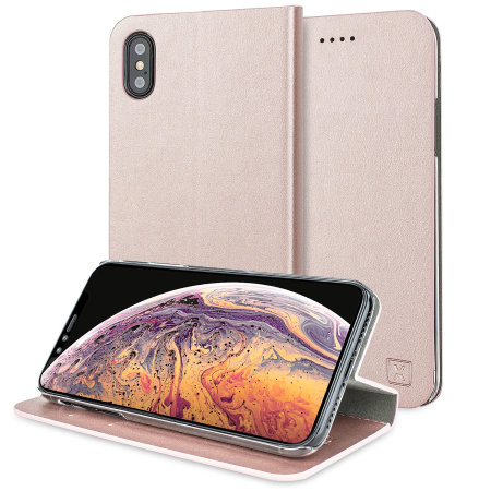 Olixar Leather-Style iPhone XS Wallet Stand Case - Rose Gold