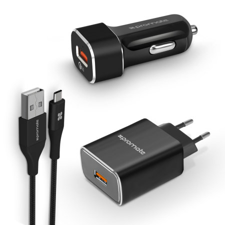 Promate 3-in-1 Charging Kit With USB-C Cable, Car Charger & EU Plug