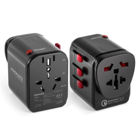 Promate Grounded Travel Adapter World Wide Compatibility - Black