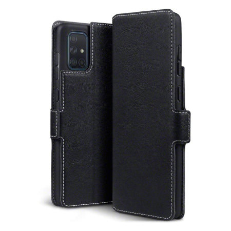 Olixar Slim Echtleder Flip Samsung Galaxy A71 Wallet Tasche - Schwarz