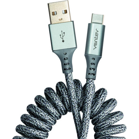 Ventev Helix USB-C Tough Braided Extendable Charging Cable - Grey - 1m