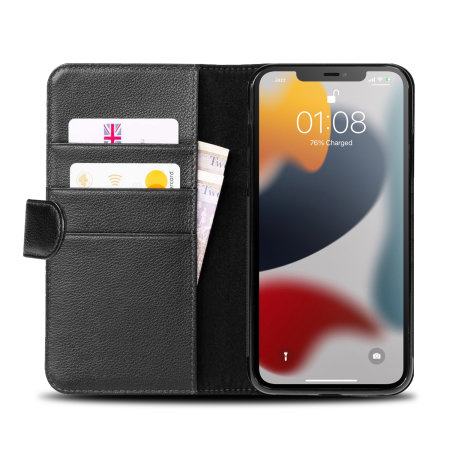 Olixar Genuine Leather Wallet Stand Black Case - For iPhone 13 mini