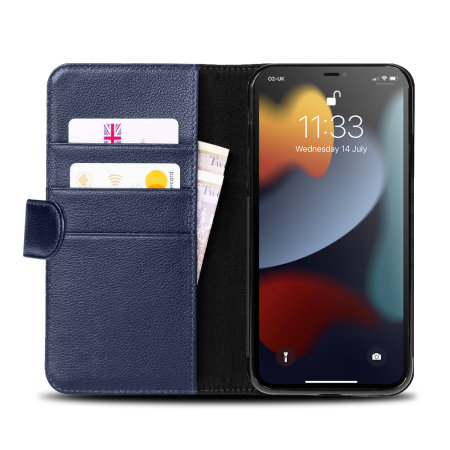 Olixar Genuine Leather Wallet Stand Navy Case - For iPhone 13 Pro