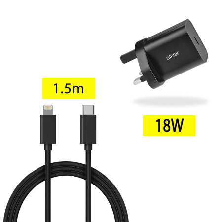 Olixar Black 20W Fast Mains Charger & USB to Lightning 1.5m Cable - For iPhone 8