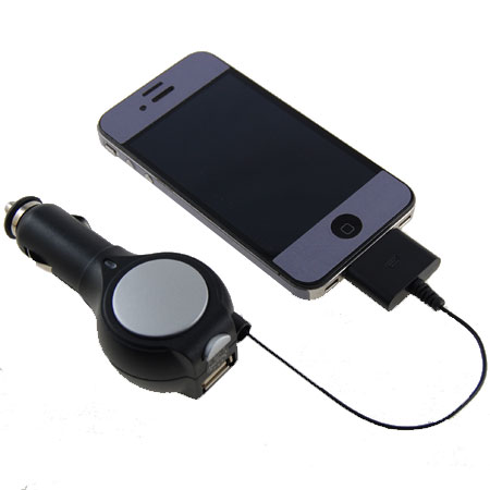 Retractable Car Charger With USB Port - iPhone/iPod