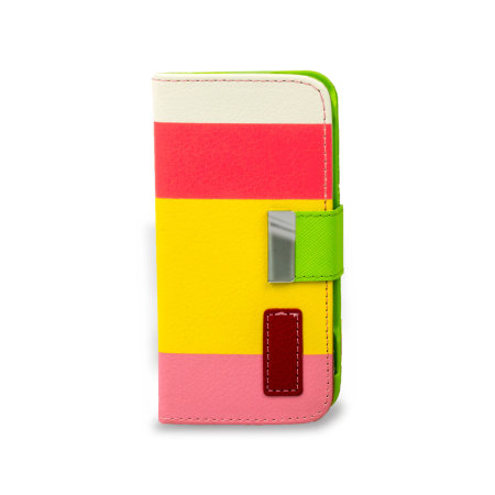 Housse iPhone 5C Style Cuir Stripe Portefeuille – Rouge / Rose / jaune