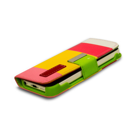iPhone 5C Leather Style Stripe Wallet Stand Case - Red / Pink / Yellow