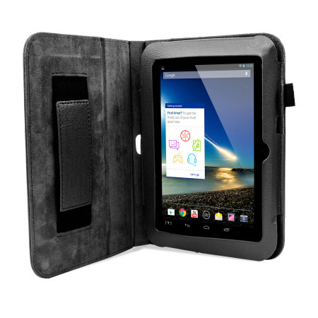 Folio Leather Style Stand Case and Hand Grip for Tesco Hudl - Black