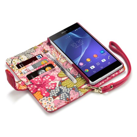 Sony Xperia Z2 Leather-Style Wallet Case - Red with Lily