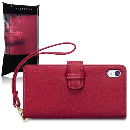 Sony Xperia Z2 Leather-Style Wallet Case - Red with Lily
