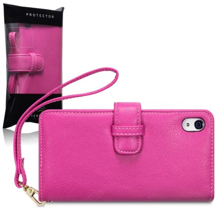 Sony Xperia Z2 Leather-Style Wallet Case - Hot Pink with Lily