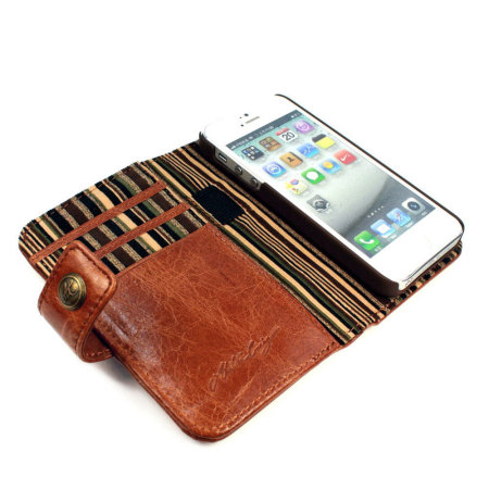 Daarbij schieten kralen Tuff-Luv iPhone 5S / 5 Vintage Leather Wallet Case with RFID - Brown