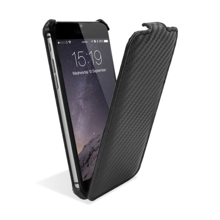 Housse Flip iPhone 6 Plus Style Fibre de carbone – Noire