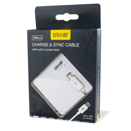 Olixar Charge & Sync Micro USB Cable with 1500mAh Power Bank - White