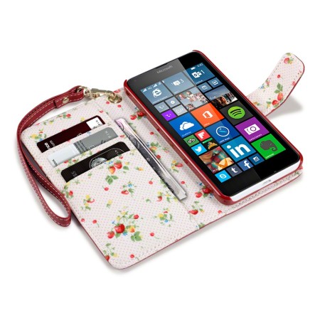 Olixar Leren-Style Microsoft Lumia 640 Wallet Case - Floral Rood 