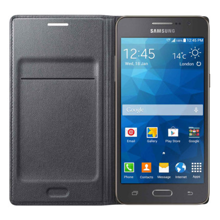 premier daar ben ik het mee eens lancering Official Samsung Galaxy Grand Prime Flip Wallet Cover - Charcoal Grey