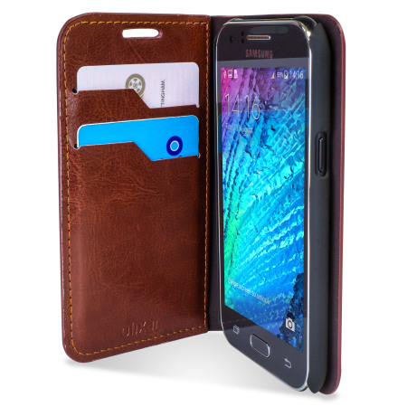 Olixar Leather-Style Samsung Galaxy J1 2015 Wallet Case - Brown