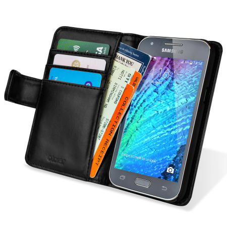 Olixar Samsung Galaxy J1 Genuine Leather Wallet Case - Zwart