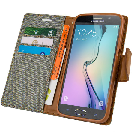 Mercury Canvas Diary Samsung Galaxy S6 Wallet Case - Grey / Camel