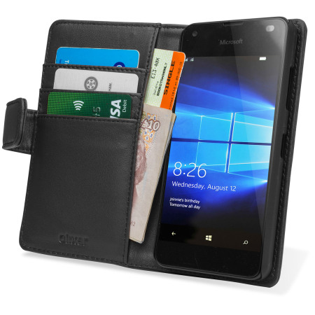 Olixar Premium Microsoft Lumia 550 Genuine Leather Wallet Case - Zwart