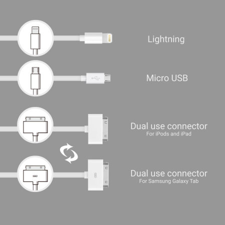 Cable de Charge 4-en-1 (Apple, Galaxy Tab, Micro USB) Blanc - 1 mètre
