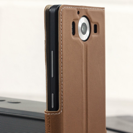 Mozo Microsoft Lumia 950 Genuine Leather Thin Flip Case - Cognac