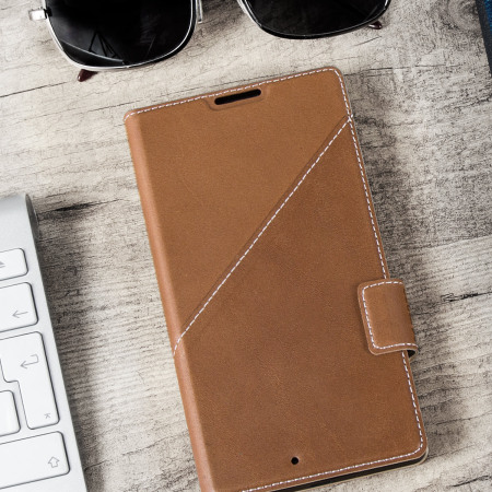 Mozo Microsoft Lumia 950 Genuine Leather Thin Flip Case - Cognac