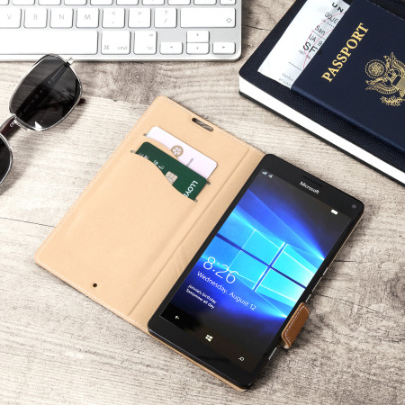 Mozo Microsoft Lumia 950 XL Genuine Leather Thin Flip Tasche in Cognac