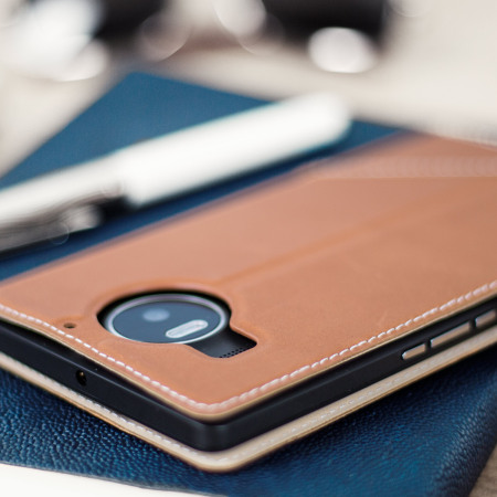 Mozo Microsoft Lumia 950 XL Genuine Leather Thin Flip Tasche in Cognac