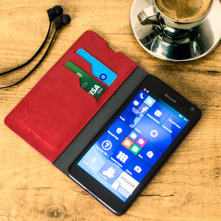 Olixar Leather-Style Microsoft Lumia 650 Wallet Stand Case - Red
