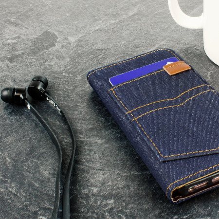 Olixar Denim Fabric iPhone SE Wallet Stand Case - Dark Blue Jeans