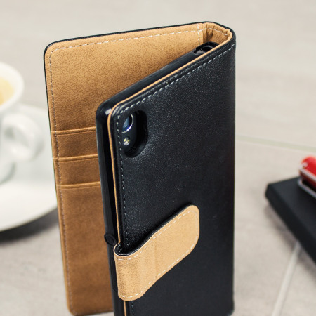 Olixar Leather-Style Sony Xperia XA Plånboksfodral - Svart / Beige 