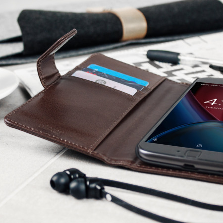 Olixar Genuine Leather Moto G4 Plus Wallet Stand Case - Brown