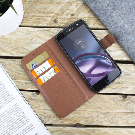 Olixar Leather-Style Motorola Moto Z Play Wallet Stand Case - Brown