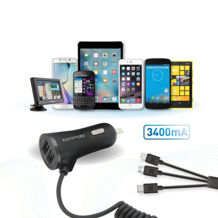 Promate Charger Trio 3-in-1 Dual USB 3.4A Car Charger - Black