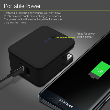 Tech Plus Mains Travel Charger & Portable Power Bank - 3000mAh