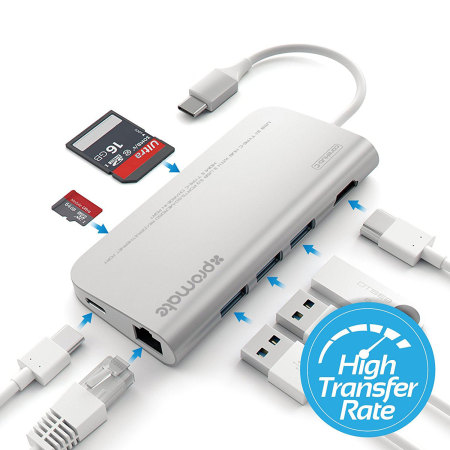 Promate CoreHub-C 8-in-1 USB-C Hub & Adapter w/ Pass-Through - Silver