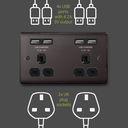 4 Port USB Double UK Plug Socket - Black Nickel